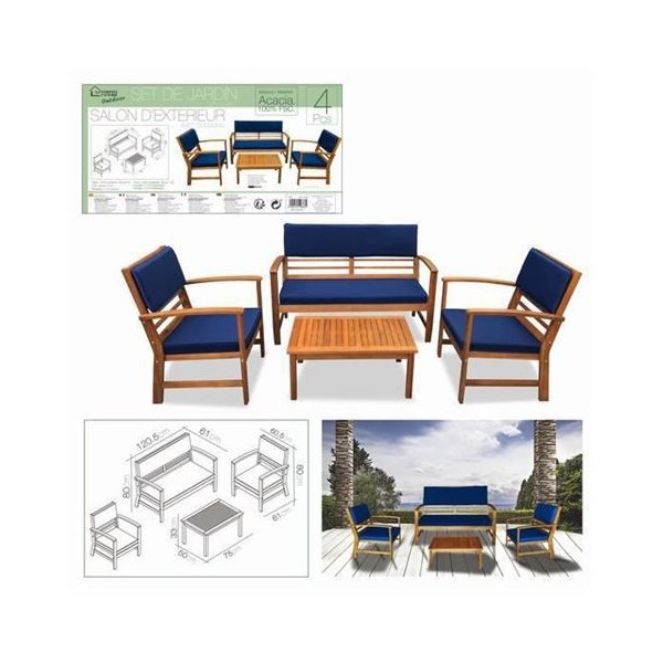 CONJUNTO DE JARDIN MADERA 4 PLAZAS + COJINES AZULES