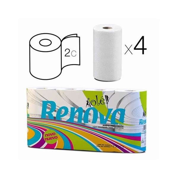 PACK 4 ROLLOS PAPEL COCINA DOBLE CAPA BLANCO RENOVA