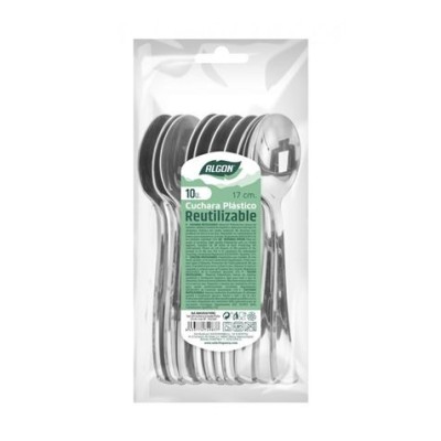 PACK 10 CUCHARAS PLASTICO REUTILIZABLE PLATA ALGON