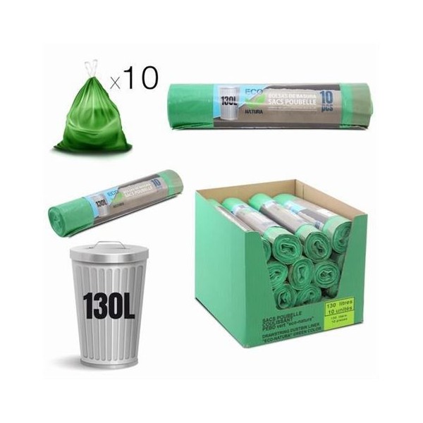 PACK 10 BOLSAS DE BASURA 130 LITROS ECONATURA VERDE