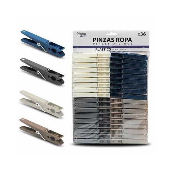 PACK 36 PINZAS PLASTICAS PARA LA ROPA EN 4 COLORES