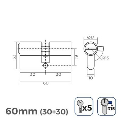 BOMBIN LATON 60MM 30+30MM LEVA LARGA LLAVE SEGURIDAD