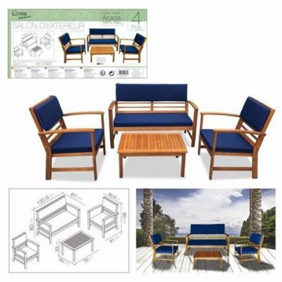 CONJUNTO DE JARDIN MADERA 4 PLAZAS + COJINES AZULES