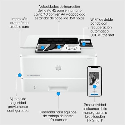 IMPRESORA HP LASERJET PRO LASER MONOCROMO 4002DW WIFI DUPLEX WHITE