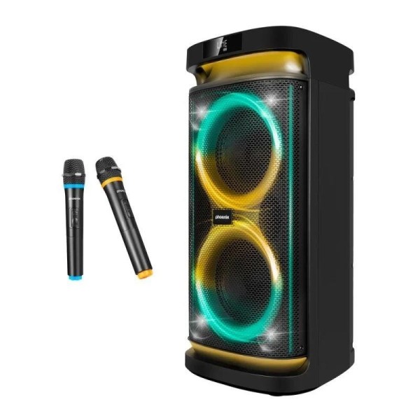 ALTAVOZ PHOENIX RUMBLEBOSS USB MICROSD FM BT RGB 80W KARAOKE + 2 MICROFONOS