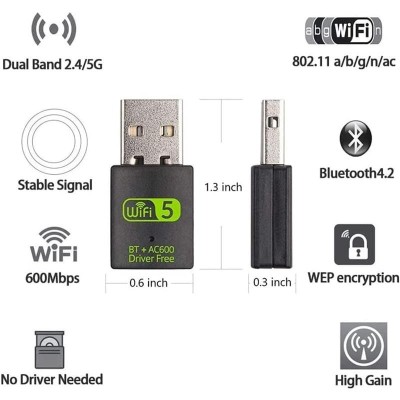 WIRELESS ADAPTADOR ONEWAY WIFI 600MBPS + BLUETOOTH 5.0 BLACK