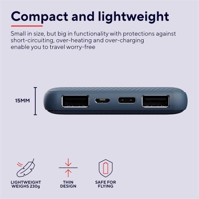 POWERBANK TRUST PRIMO SLIM 10000MAH X2 USB-A + USB-C + MICRO-USB ECO BLUE