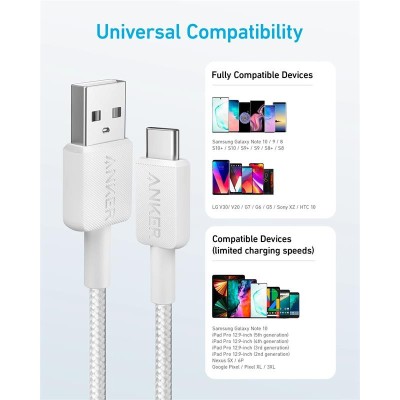 CABLE ANKER 322 USB-A TO USB-C TRENZADO 1.8M 45W WHITE