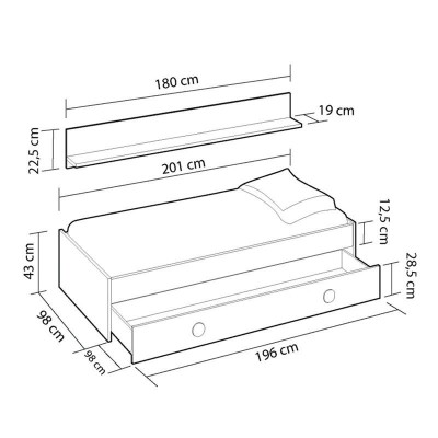 CAMA + 1 CAJÃN + ESTANTE 43X201X98CM BL. ALPES/VERDE ACQUA MOMI