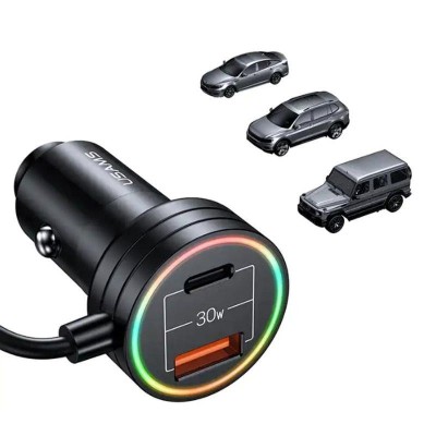 CARGADR DE COCHE 60W CON CABLE Y LUZ AMBIENTAL NEGRO USAMS