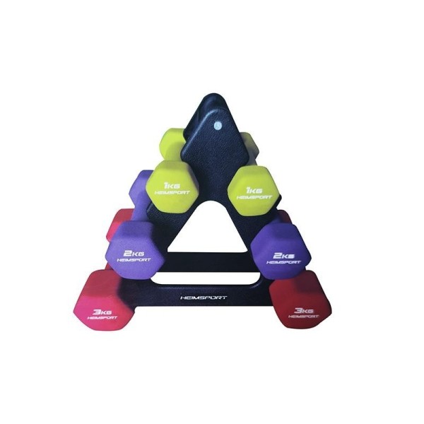 JUEGO DE 6 MANCUERNAS HEXAGONALES DE NEOPRENO CON SOPORTE HEIMSPORT