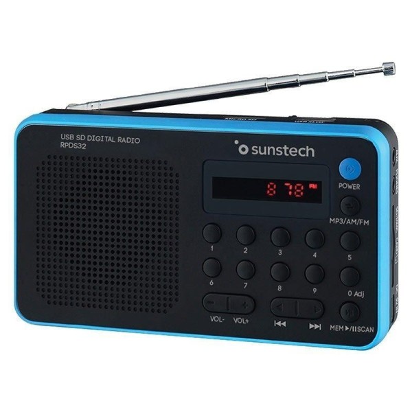 RADIO PORTÃTIL 1.4W RMS AM/FM 70 PRESINTONÃAS NEGRO CON AZUL SUNSTECH