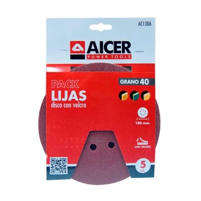 PACK 5 LIJAS 180MM GR40 VELCRO AICER