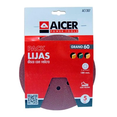 PACK 5 LIJAS 180MM GR60 VELCRO AICER