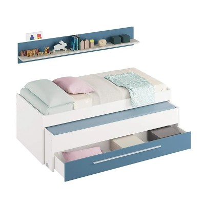 CAMA DOBLE + 1 CAJÓN + ESTANTE 65X199X96CM BL. ALPES/AZUL MOMI