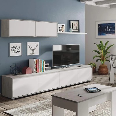 MUEBLE TV CON ESTANTE 6 PUERTAS 1 ESTANTE SUPERIOR BLANCO ARTIK/CEMENTO