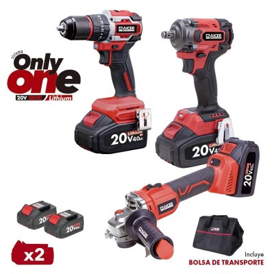 PACK RADIAL + TALADRO + LLAVE IMPACTO 20V ONLY ONE AICER (2X4.0AH)