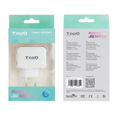 CARGADOR SMARTPHONE/TABLET TOOQ 12W USB 3.0 + 15W USB-C WHITE