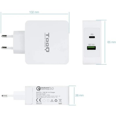 CARGADOR SMARTPHONE/TABLET TOOQ USB-C + USB-A 3.0 48W FAST CHARGER