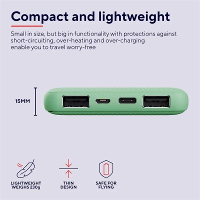 POWERBANK TRUST PRIMO SLIM 10000MAH X2 USB-A + USB-C + MICRO-USB ECO GREEN