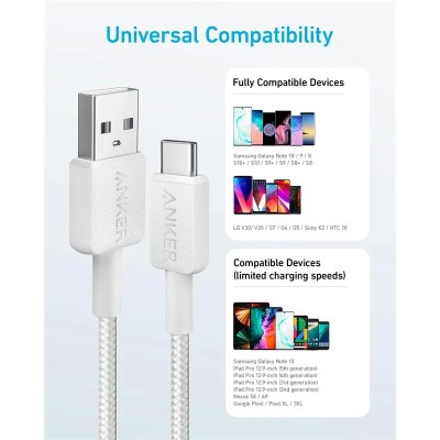 CABLE ANKER 322 USB-A TO USB-C TRENZADO 1.8M 45W WHITE