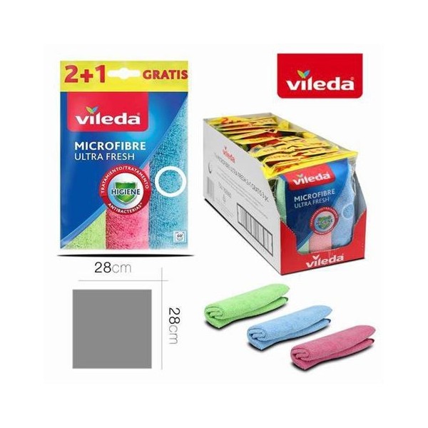 PACK 3 BAYETAS MICROFIBRAS 28X28 COLORES VILEDA