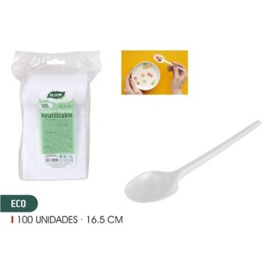 PACK 100 CUCHARAS PLASTICAS REUTILIZABLES BLANCAS ALGON