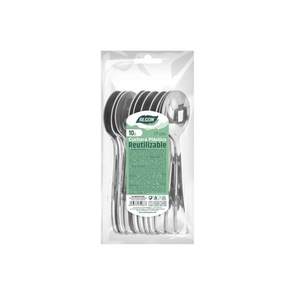 PACK 10 CUCHARAS PLASTICO REUTILIZABLE PLATA ALGON