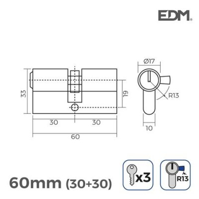 BOMBIN NIQUEL 60MM 30+30MM LEVA CORTA 3 LLAVES