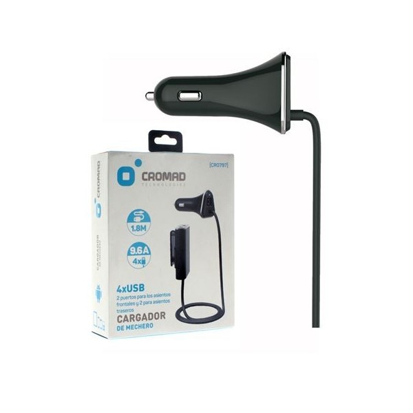 CARGADOR DE MECHERO 9.6A 4 X USB NEGRO CROMAD