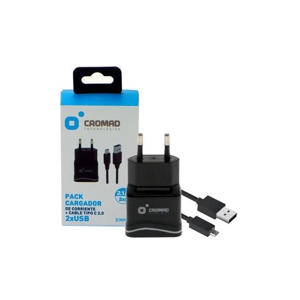 PACK CARGADOR CORRIENTE 2.1A + CABLE TIPO C 2.0 CROMAD