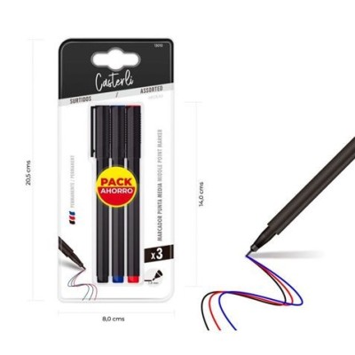 PACK DE 3 MARCADORES PERMANENTE PUNTA MEDIA 1.0MM NEGRO,ROJO, AZUL CASTERLI