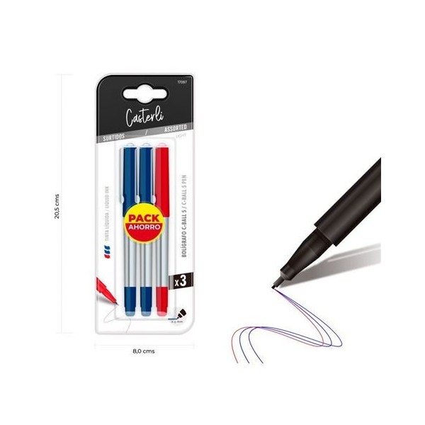 PACK 3 BOLÍGRAFOS C-BALL 5 TINTA LÍQUIDA 0.5MM AZUL,ROJO CASTERLI