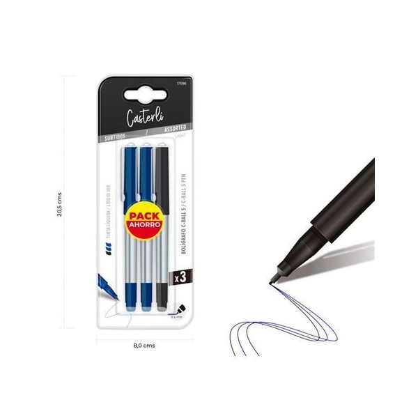 PACK 3 BOLÍGRAFOS C-BALL 5 TINTA LÍQUIDA 0.5MM NEGRO,AZUL CASTERLI